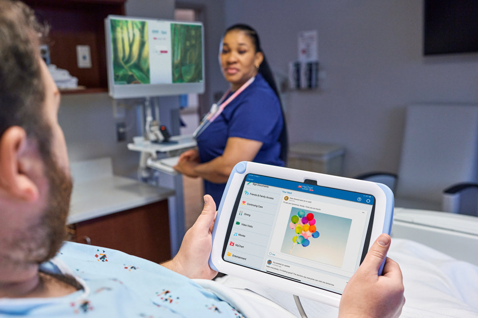 A patient using the MyChart app on iPad while in their bed at Emory Hillandale Hospital.