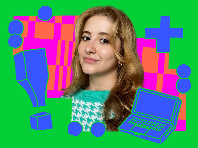 Um retrato colorido de Carolina Quiterio.