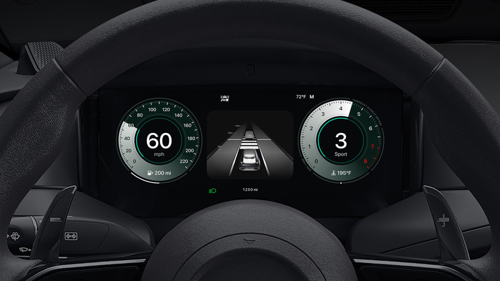 CarPlay Ultra speedometer and tachometer screens are shown in an Aston Martin.