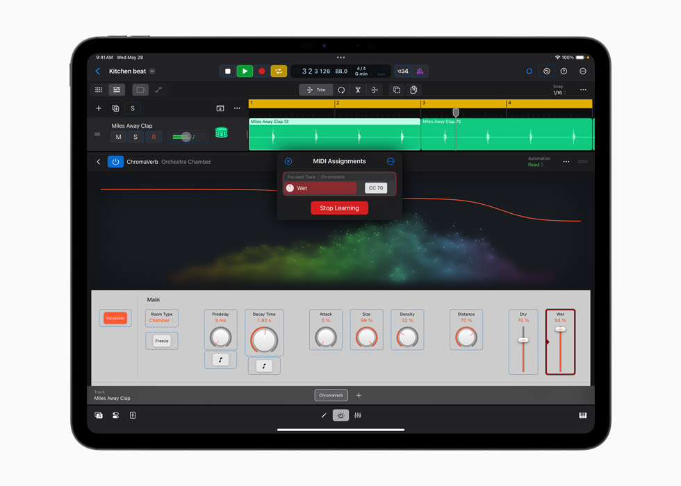 Learn MIDI özelliği iPad’deki Logic Pro üzerinde gösteriliyor.