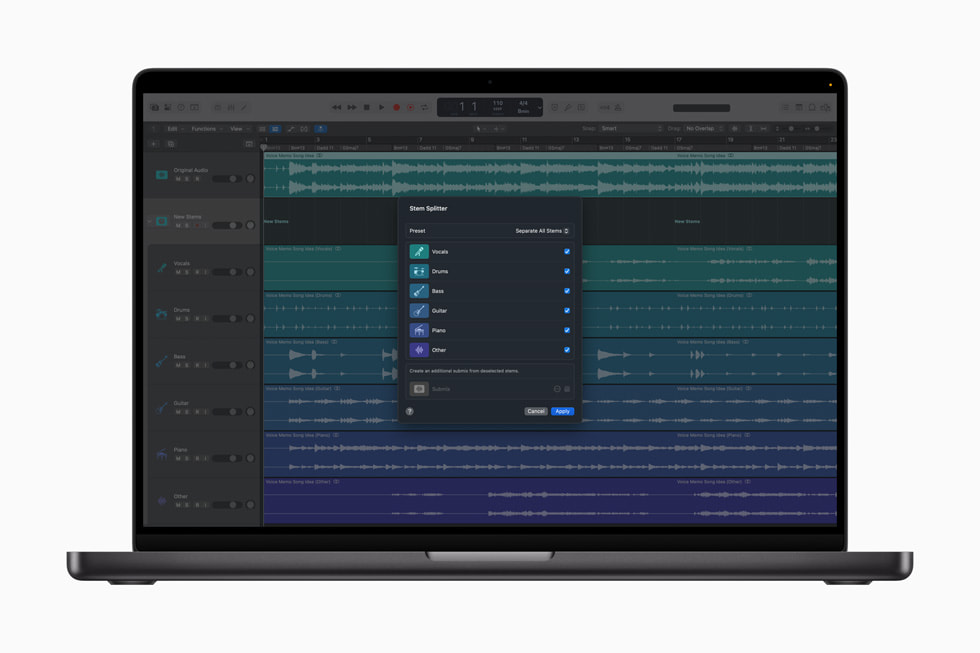 Mac’te Logic Pro yeni Stem Splitter seçeneklerini gösteriyor.