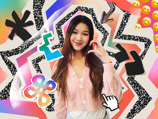 A colorful collage featuring a portrait of EvacuMate creator, Marina Lee.
