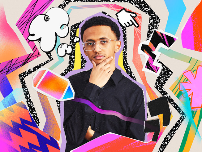 A colorful collage featuring a portrait of AccessEd creator, Nahom Worku.