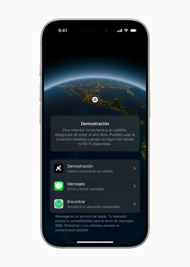 Opciones para conectar Mensajes vía satélite y Encontrar vía satélite en un iPhone 16 Pro.