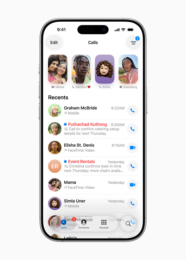 iPhone 16 Pro’da Telefon uygulamasının yeni birleşik yerleşimi gösteriliyor.