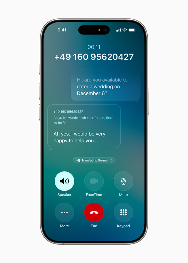 Live Translation during a phone call displayed on iPhone 16 Pro.  
