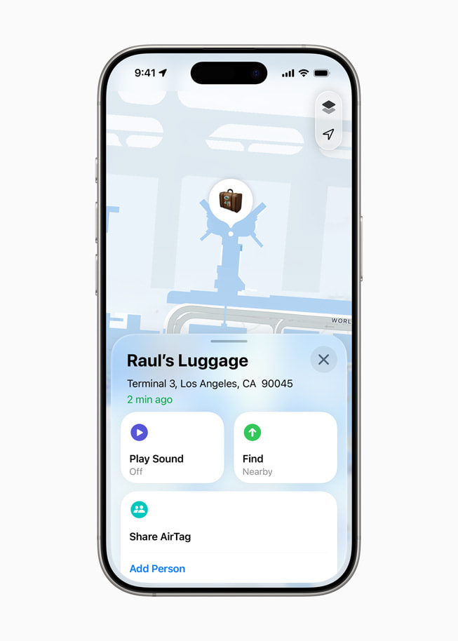 iPhone 16 Pro shows the location of an AirTag attached to a user’s luggage.