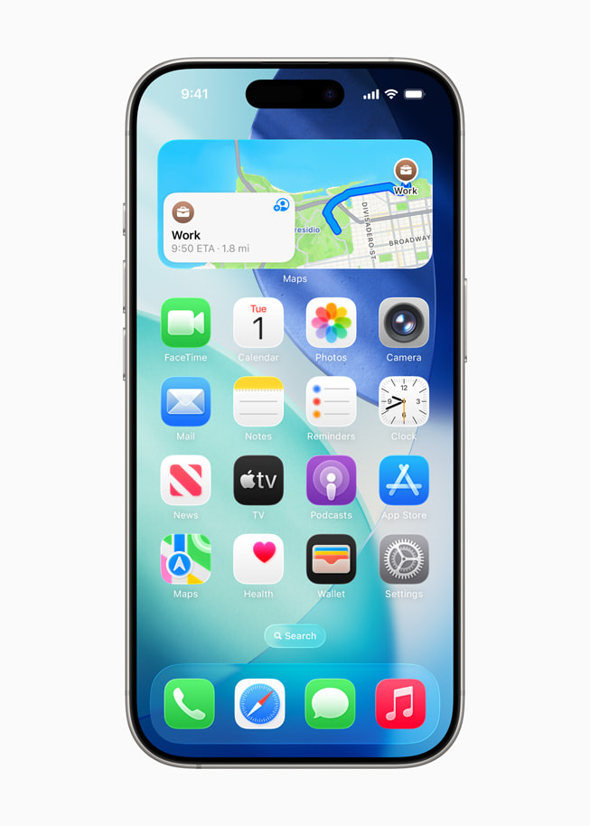 On iPhone 16 Pro, the Maps widget shows a user what their estimated travel time is to work.
