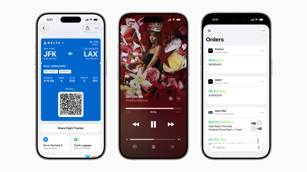 Three iPhone 16 Pro devices show upcoming updates to Apple services. From left to right: Lyrics Translation in Apple Music, preferred routes in Apple Maps, and order tracking in Apple Wallet.