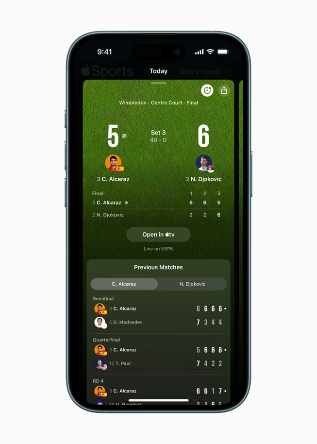 The Today tab in the Apple Sports app showing tennis scores.