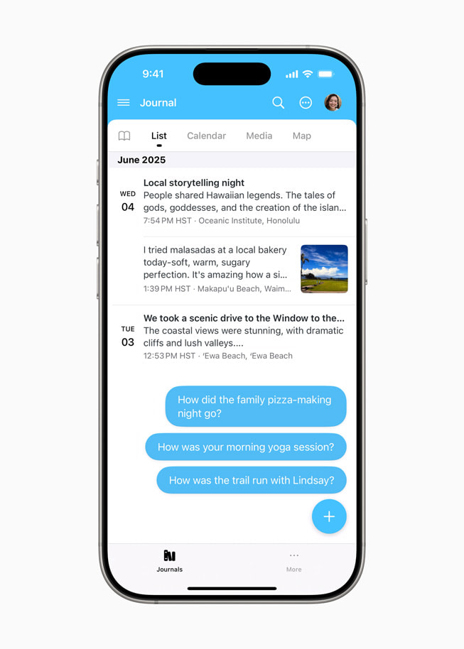 iPhone 16 Pro’daki Day One günlük uygulamasında yazma istemleri listesinin bulunduğu bir ekran gösteriliyor.