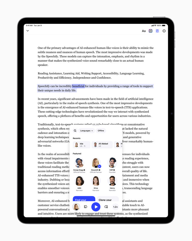 iPad’de Speechify uygulaması gösteriliyor.