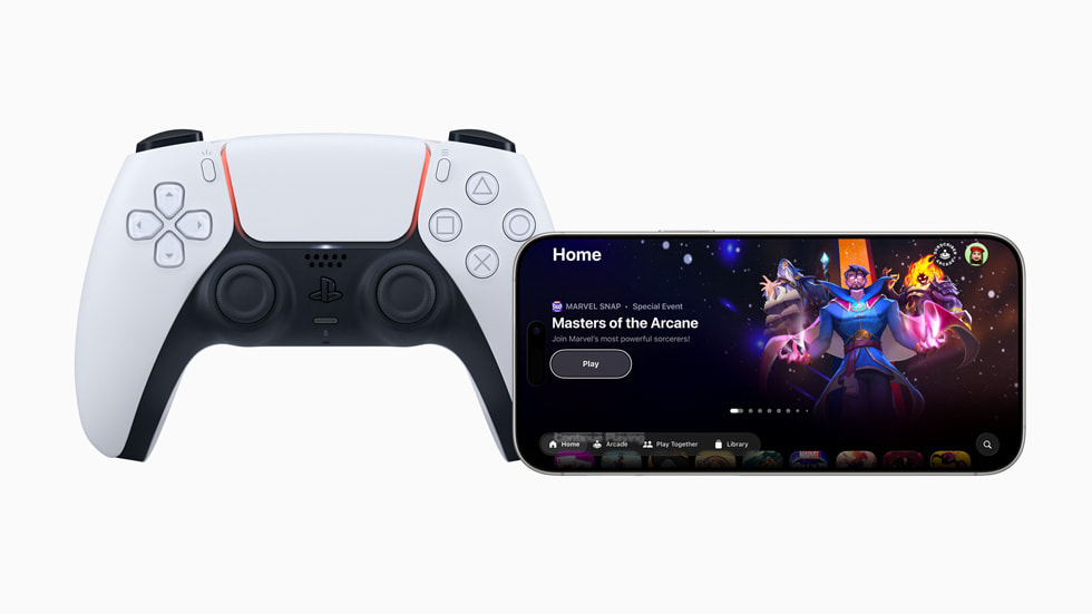 A white gaming controller with an iPhone 16 Pro displaying the Apple Games app. 