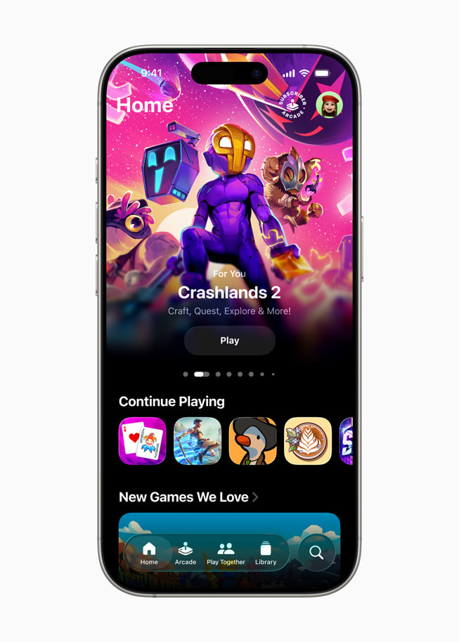 Recommendations displayed in the Home tab in Apple Games on iPhone 16 Pro. 