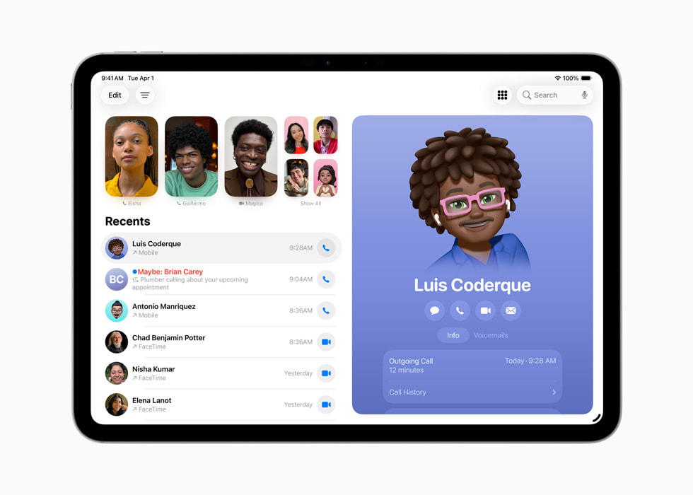 The Phone app is shown on a user’s iPad.