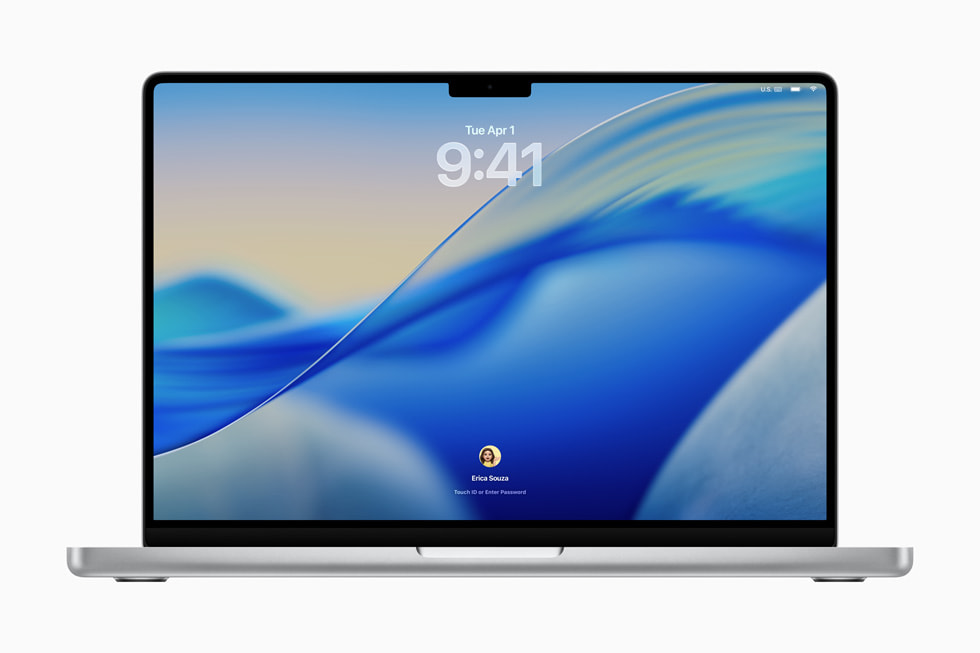 16-inch MacBook Pro shows the Lock Screen with the new design in macOS Tahoe.