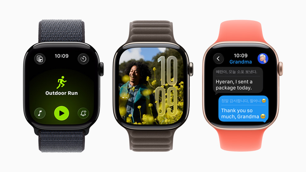 Three Apple Watch devices show the watchOS 26 experience.