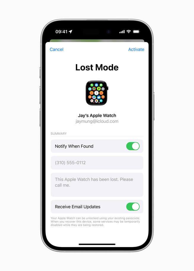 iPhone 16 shows a Lost Mode screen for a user’s lost Apple Watch, with toggles switched on for Notify When Found and Receive Email Updates.