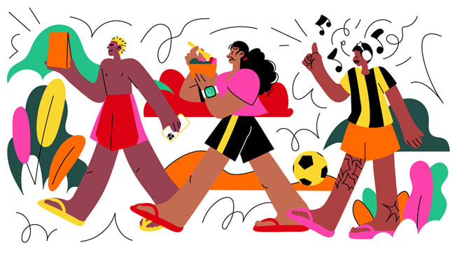 Uma ilustração colorida de pessoas caminhando e fazendo várias atividades com aparelhos Apple. 