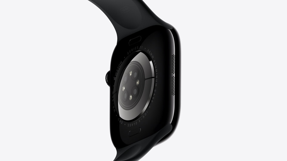 En vinklad närbild av baksidan på Apple Watch Series 11.