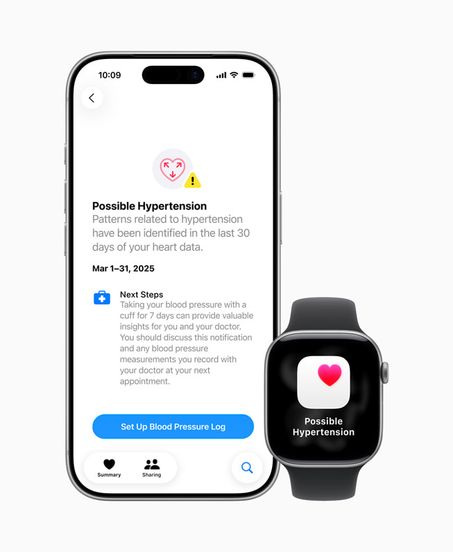 En användares iPhone och Apple Watch Series 11 visar ”Possible Hypertension” och erbjuder att visa mer information.