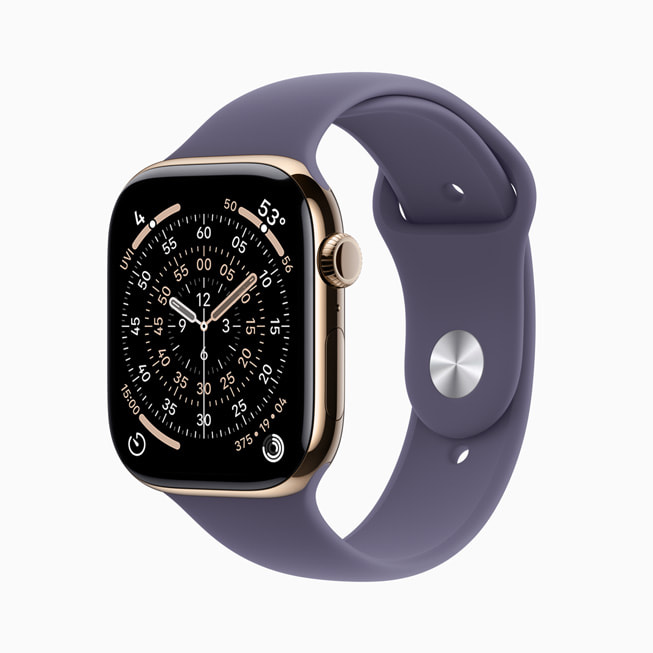 Apple Watch Series 11 visas i titan guld.
