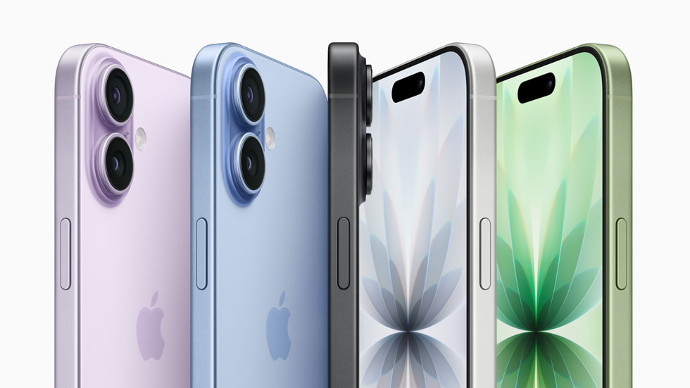 Multiple iPhone 17 devices shown upright and featuring the full color lineup: lavender, mist blue, sage, white, and black.