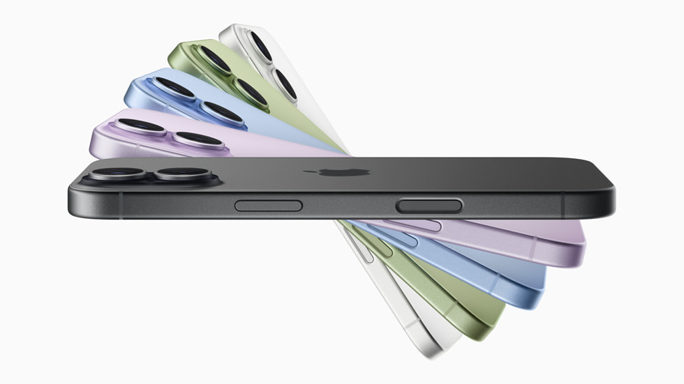 Multiple iPhone 17 devices shown from the side and featuring the full color lineup: lavender, mist blue, sage, white, and black.