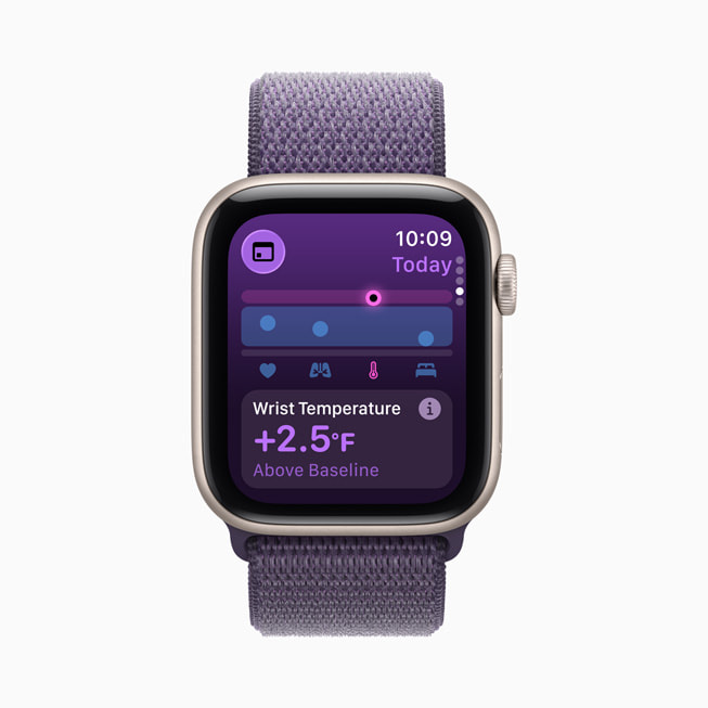 En bild av en Apple Watch SE 3 som visar värden från temperaturmätning på handleden.