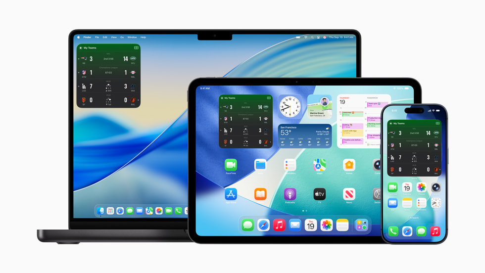 The Apple Sports app is shown on Mac, iPad, and iPhone.