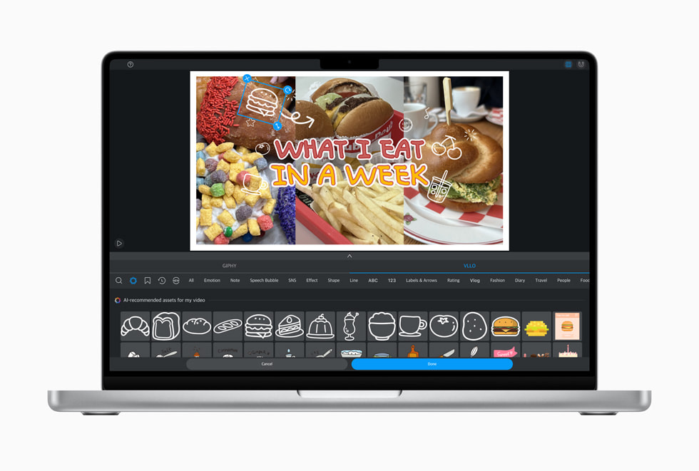 An image of the VLLO video-editing app displayed on a 14-inch MacBook Pro bezel.