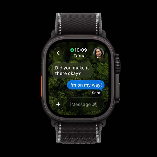 Apple Watch Ultra 3 shows a user messaging a friend over satellite.