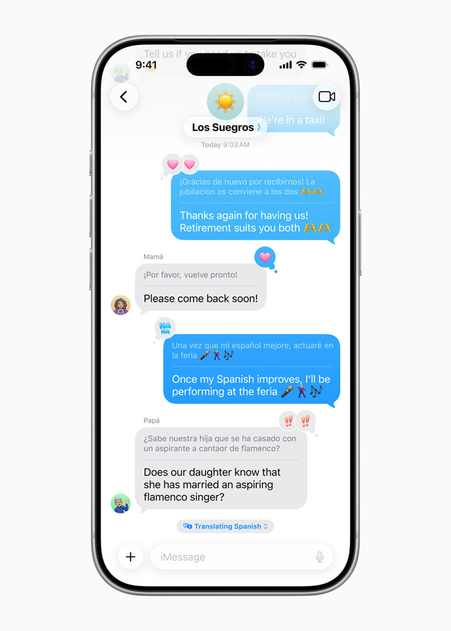 iPhone 17 Pro shows a text message conversation with translations.