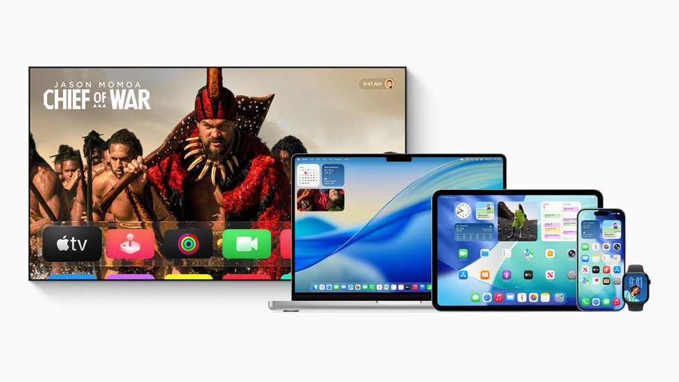 Various Apple software platforms are displayed on Apple TV, MacBook Pro, iPad Pro, iPhone 17 Pro, and Apple Watch Series 11.