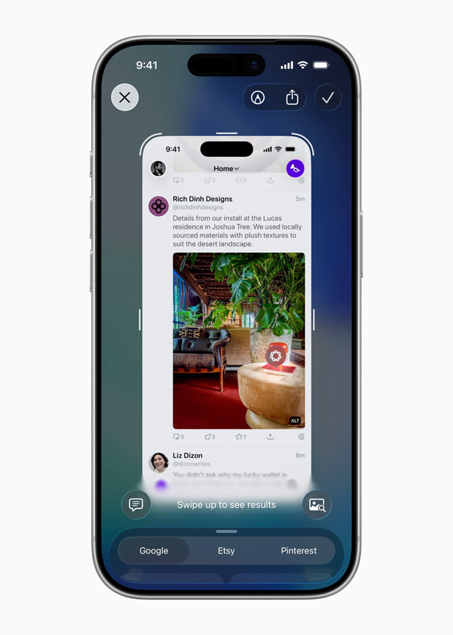 iPhone 17 Pro shows an interior design image with the option to search Google, Etsy, or Pinterest.