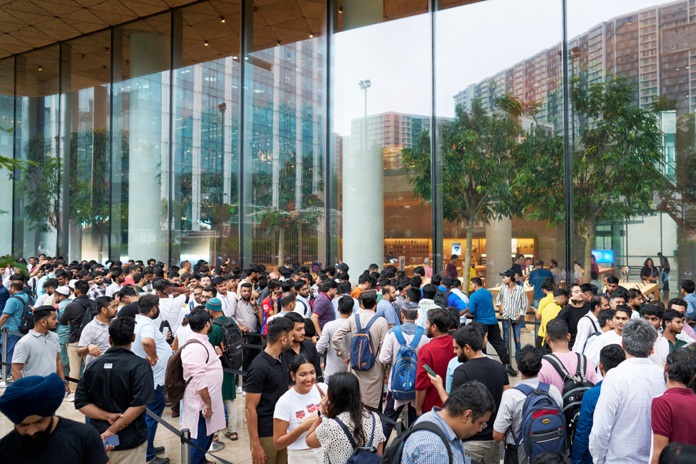 The bustling exterior of Apple BKC in Mumbai.