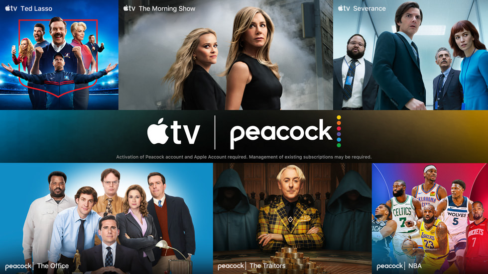 Key art showing posters of programming available with the new Apple TV and Peacock Bundle.