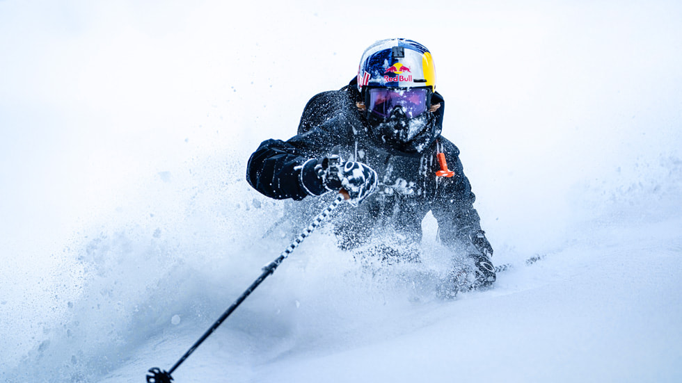 Image from the Backcountry Skiing episode of the Apple Immersive series “World of Red Bull.”