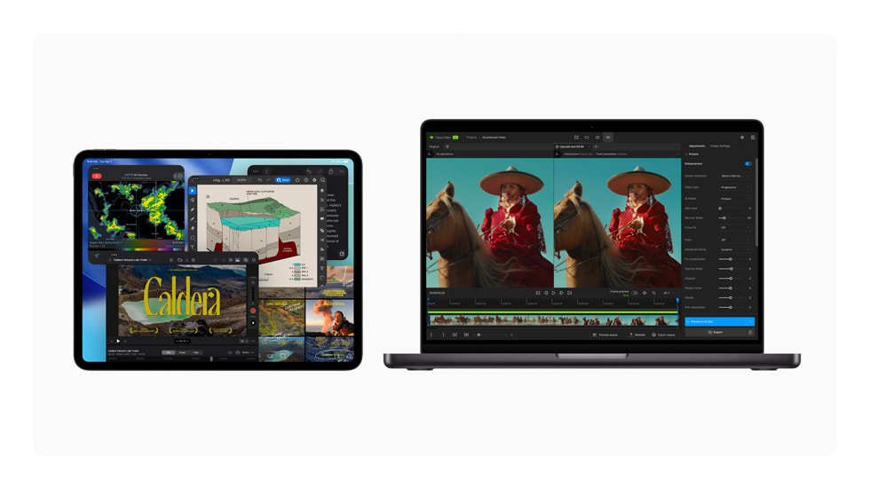 The 11-inch and 13-inch iPad Pro and space black 14-inch MacBook Pro.