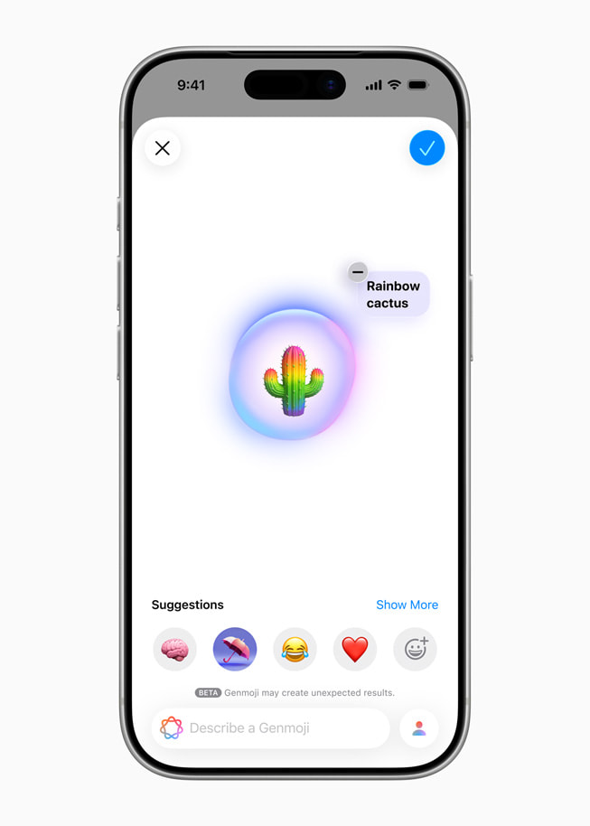 iPhone shows a rainbow cactus Genmoji.