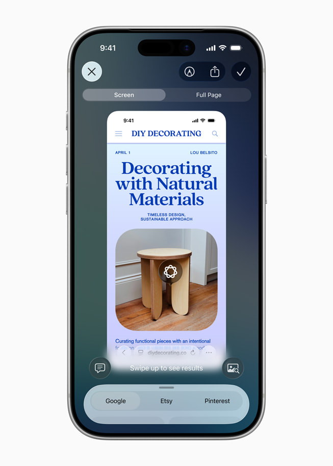 iPhone shows a visual intelligence screen in which information is being gathered about a lamp in an interior design photo.