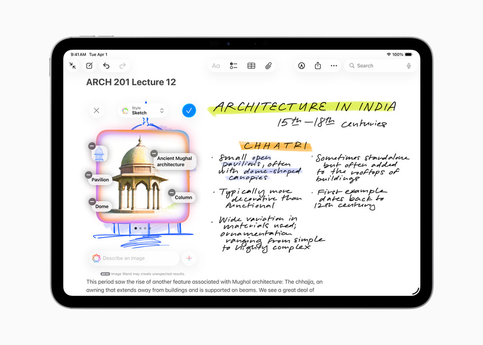 Beeldpenseel op iPad met notities en schetsen die zijn gemaakt tijdens een architectuurles, waarbij de gebruiker een gebouw omcirkelt met Apple Pencil.