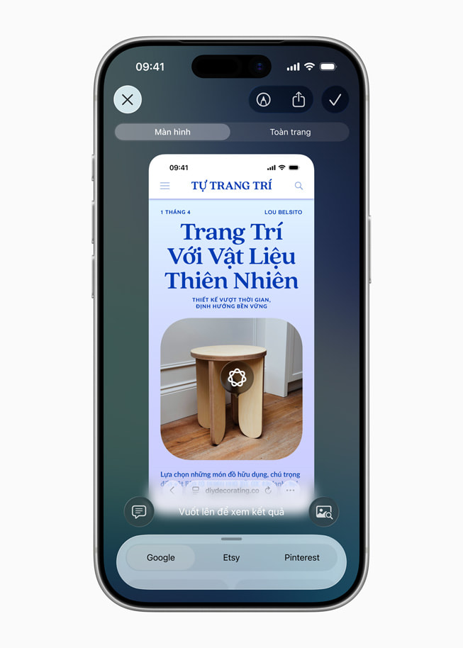 Màn hình trí thông minh thị giác trên iPhone đang thu thập thông tin về một chiếc đèn trong ảnh thiết kế nội thất. 