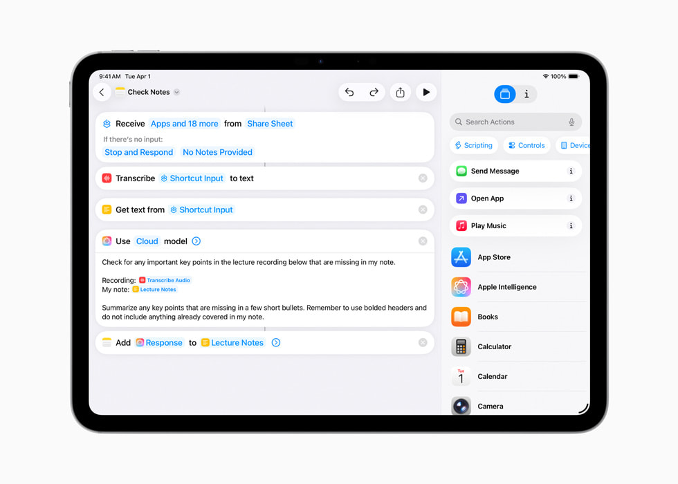 En bruger opretter en Genvej med titlen “Tjek noter” på iPad.