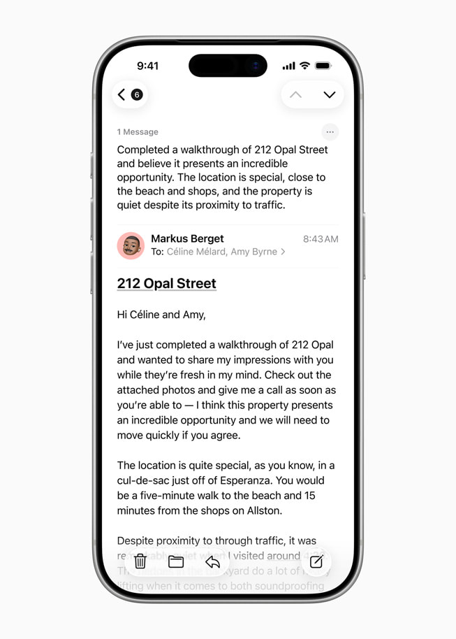 iPhone viser opsummeringen af en mail.