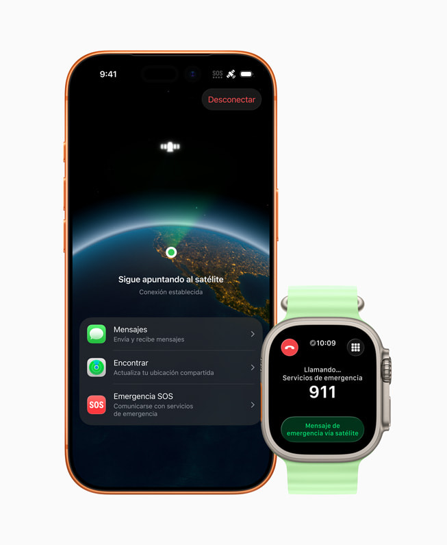 Un iPhone 17 Pro y un Apple Watch Ultra 3 muestran la funcionalidad Emergencia SOS vía satélite.