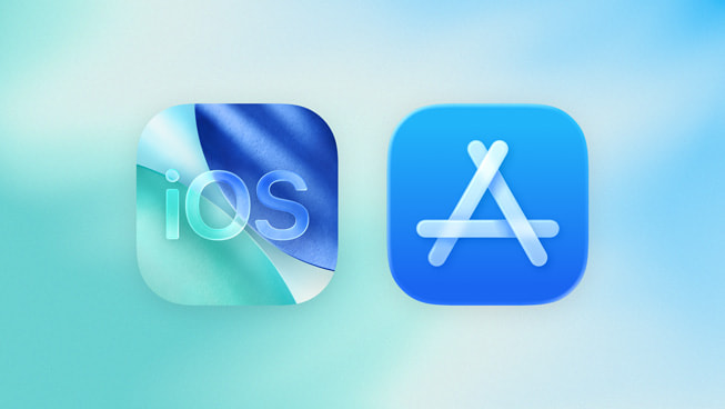 iOS 26-logo met Liquid Glass en App Store-logo naast elkaar.