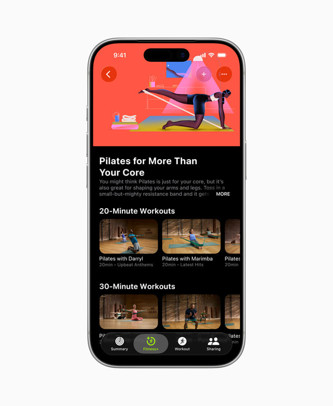 Entrenamiento de Pilates: mucho más que core de Apple Fitness+ en la pantalla de un iPhone 17 Pro.