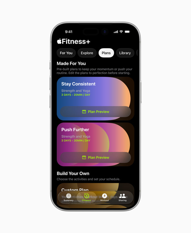 On iPhone 17 Pro, a user’s Custom Plans are shown within Apple Fitness+.