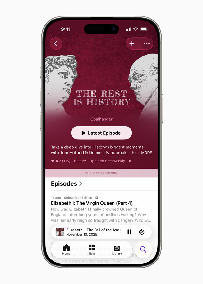 Ein auf dem iPhone 17 Pro aufgenommener Screenshot zeigt The Rest Is History in der Podcast App.
